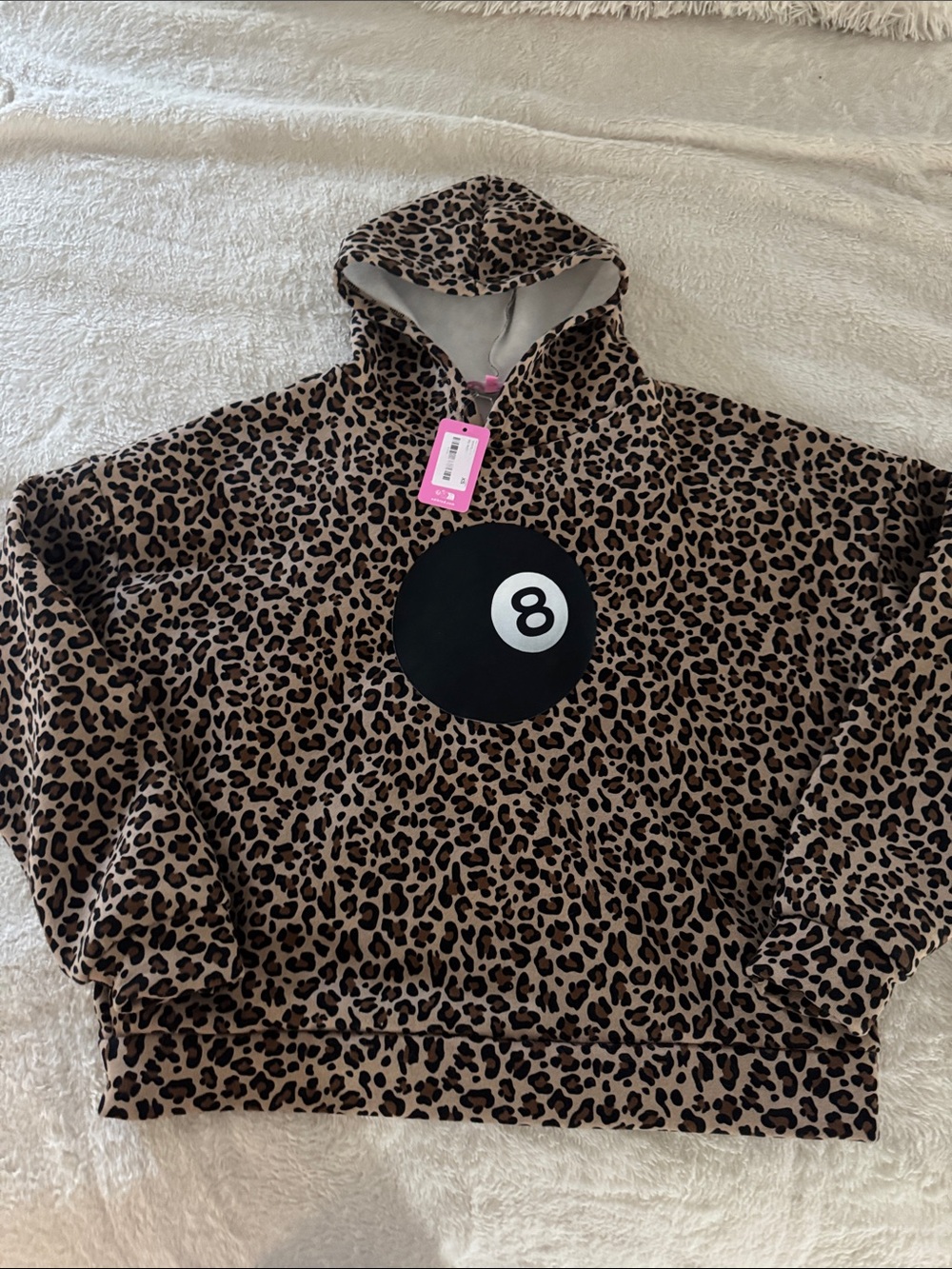 Edikted Brown Leopard Print Hooded Pullover with Black 8-Ball Graphic